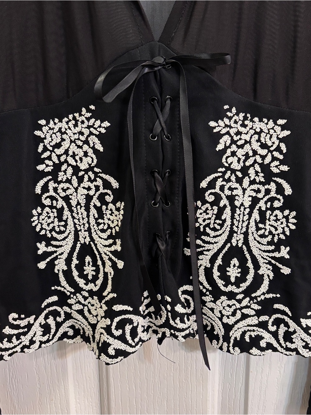 Joseph Ribkoff Black Sheer Mesh Blouse with Beading Corset Detail - Picture 3 of 6